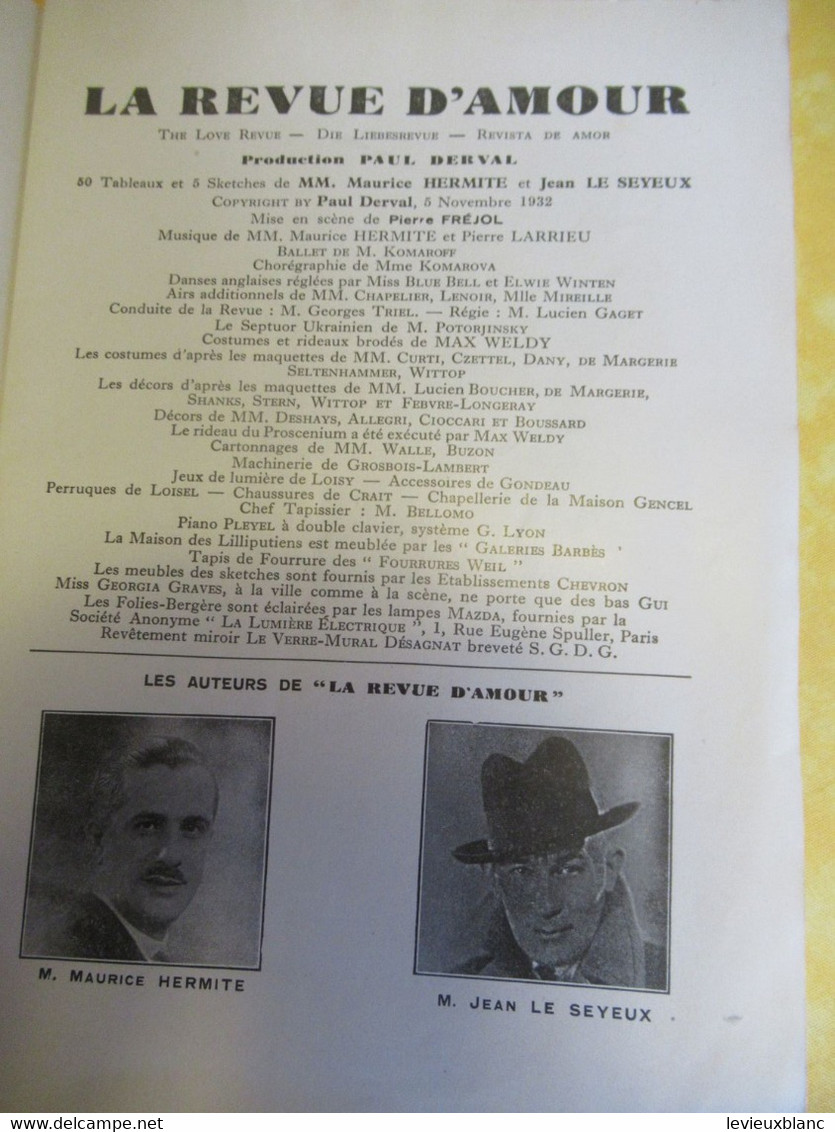Programme Ancien/FOLIES BERGERES/Paul DERVAL/ La REVUE D'AMOUR/Revue/Ada Et Eddie DARROS/1932           PROG323 - Programma's