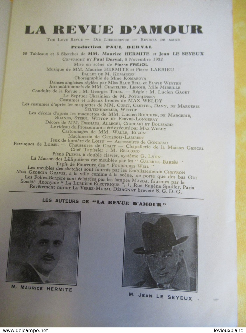 Programme Ancien/FOLIES BERGERES/Paul DERVAL/ La REVUE D'AMOUR/Revue/Ada Et Eddie DARROS/1932           PROG323 - Programmi