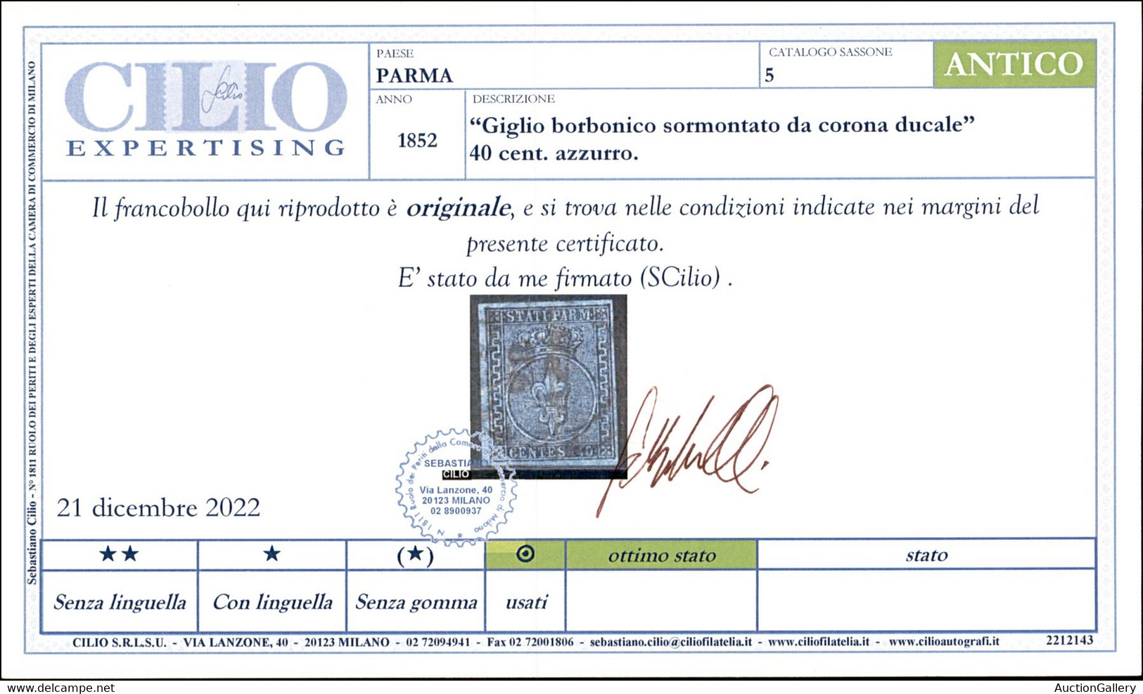 Antichi Stati Italiani - Parma - 1852 - 40 Cent Azzurro (5) - Usato - Cert. Cilio - Andere & Zonder Classificatie