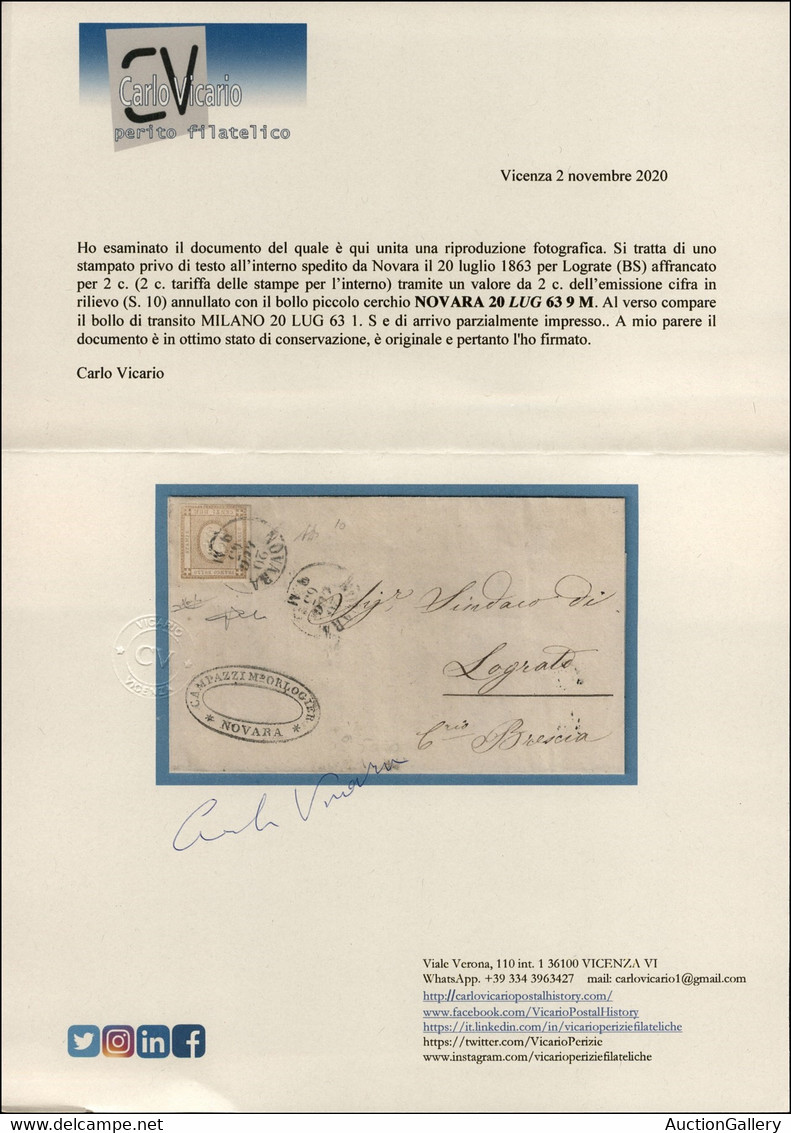 Regno - Vittorio Emanuele II - 2 Cent (10) Su Circolare Da Novara A Lograto Del 20.7.63 - Diena + Raybaudi + Cert. Vicar - Other & Unclassified