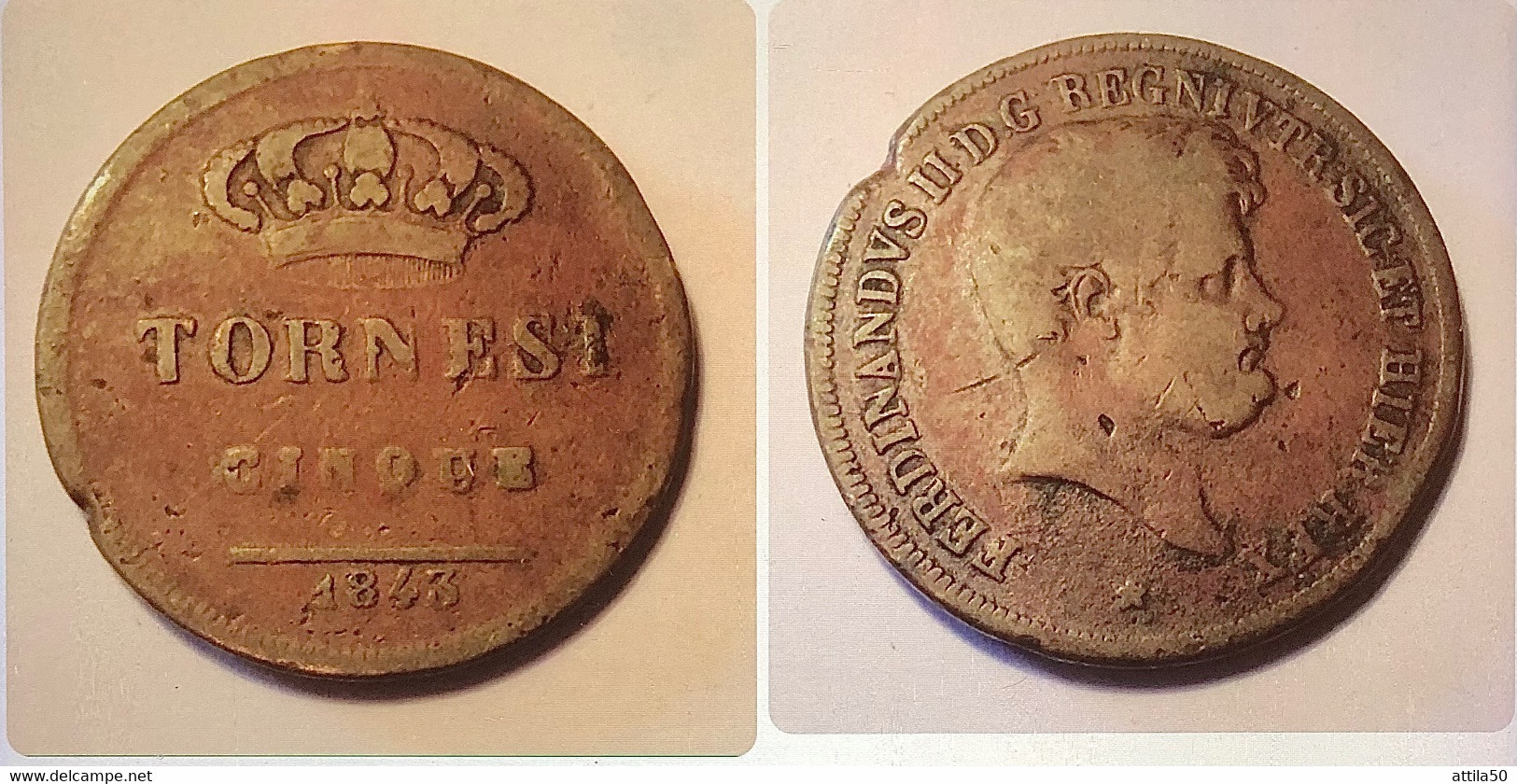 NAPOLI- Ferdinando II Di BORBONE- TORNESI CINQUE 1843. Raro - Two Sicilia