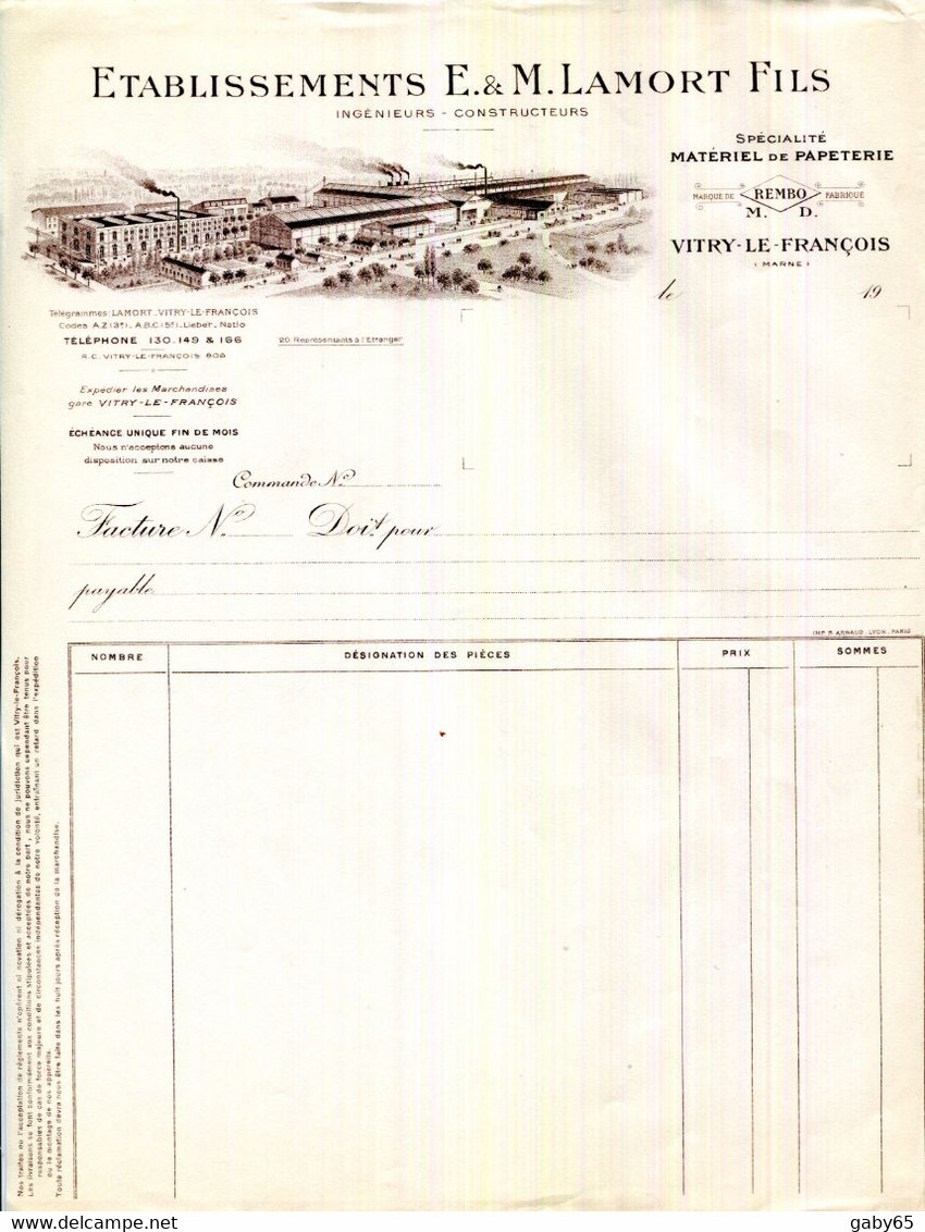 FACTURE.VITRY LE FRANÇOIS.SPECIALITE DE MATERIEL DE PAPETERIE.Ets.E. & M.LAMORT FILS INGENIEURS-CONSTRUCTEURS. - Imprimerie & Papeterie