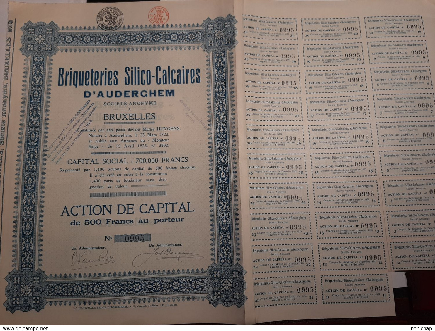 Briqueterie Silico-Calcaires D'Auderghem S.A. - Action De Capital De 500 Frs. Au Porteur - Auderghem 15 Avril 1923. - Industrie