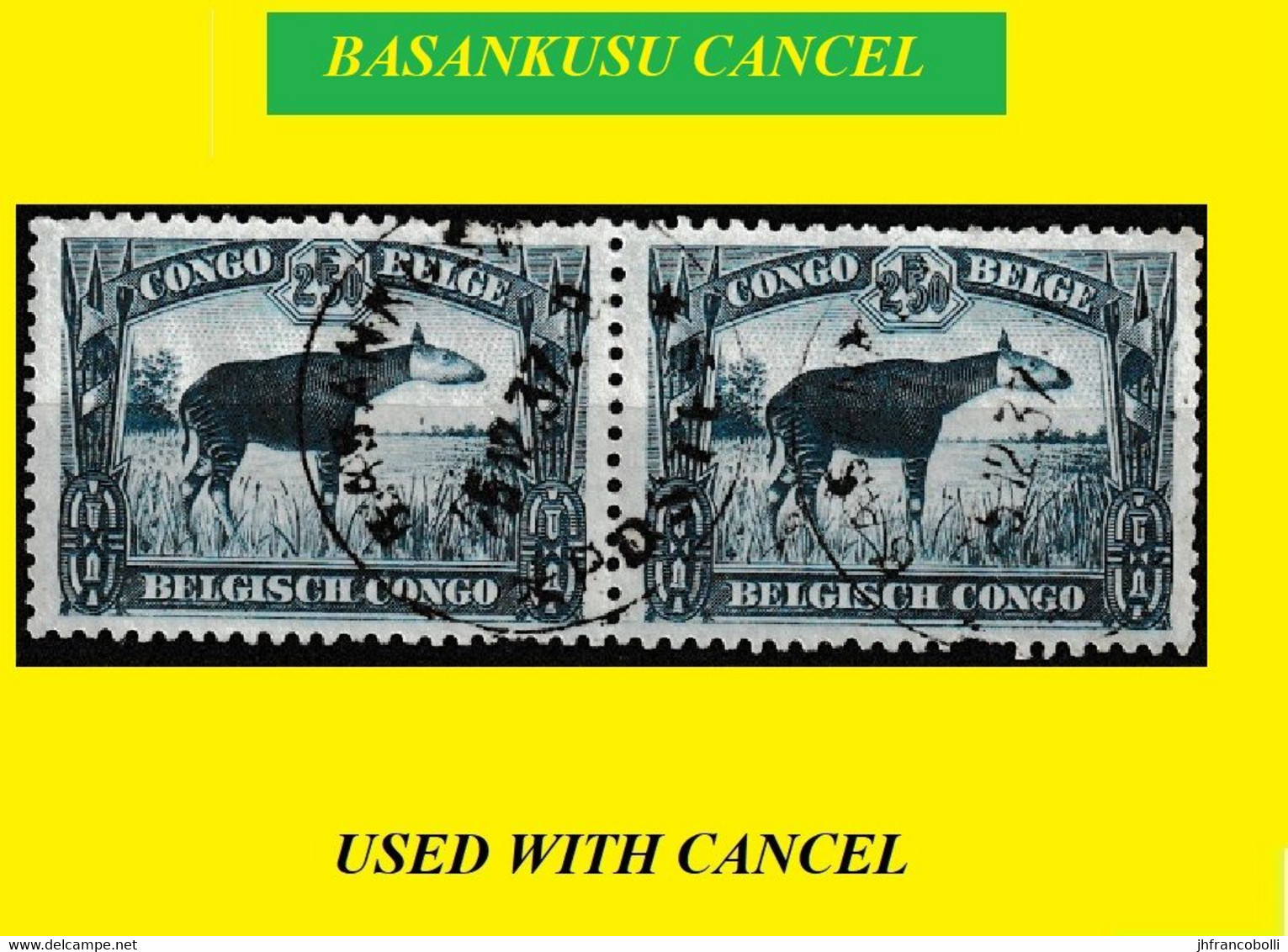 1948 (°) BASANKUSU BELGIAN CONGO / CONGO BELGE CANCEL STUDY [5] COB 178-A 2 OKAPI STAMPS WITH CENTRAL ROUND CANCEL - Variedades Y Curiosidades