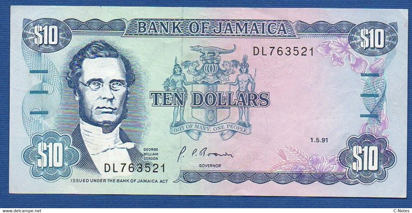 JAMAICA - P.71d – 10 Dollars 1991 AXF, Serie DL763521 - Jamaica