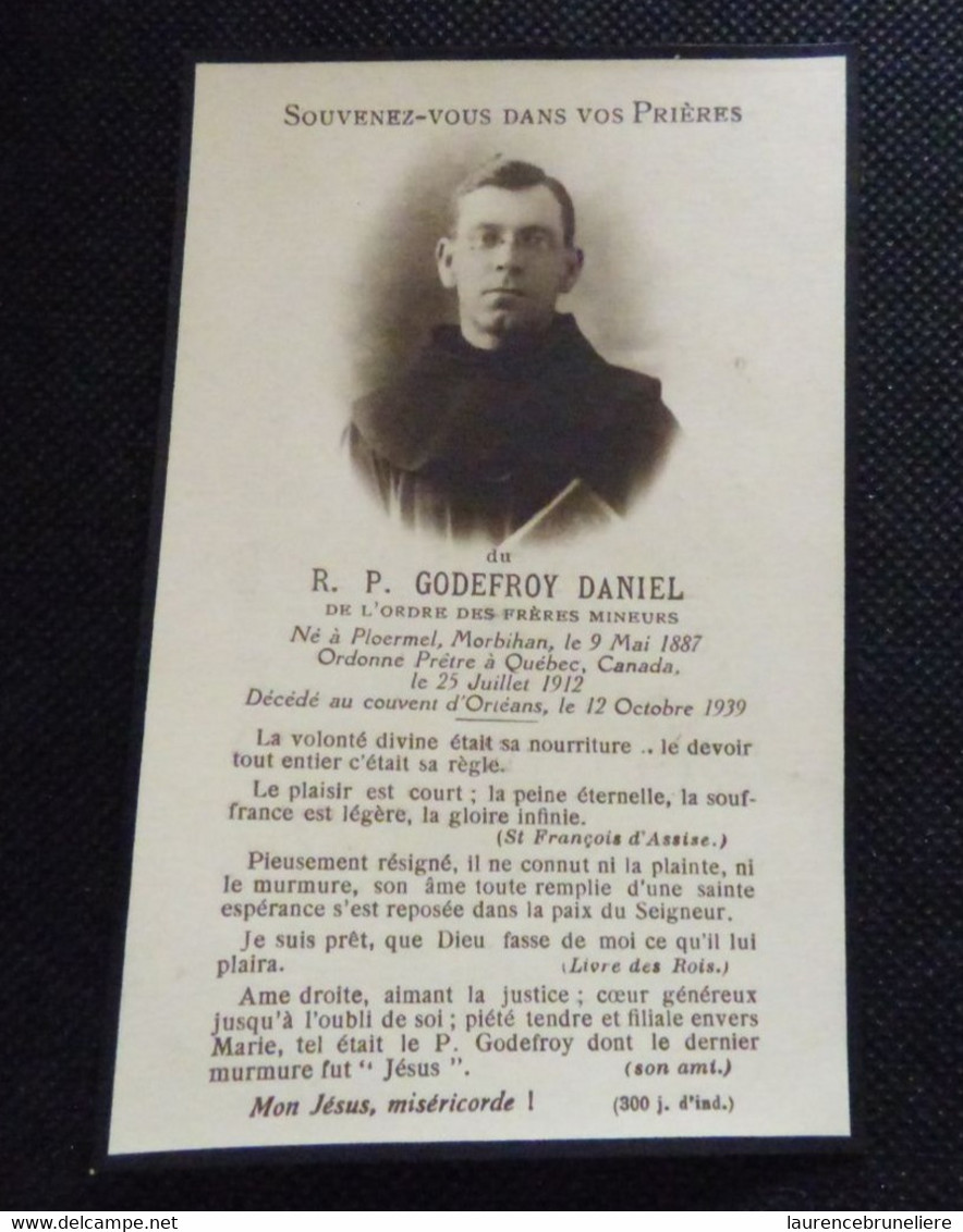 CDV - AVIS DE DECES -PLOERMEL    GODEFROY DANIEL ORDONNE PRETRE A QUEBEC CANADA - ORLEANS  1939 - Décès