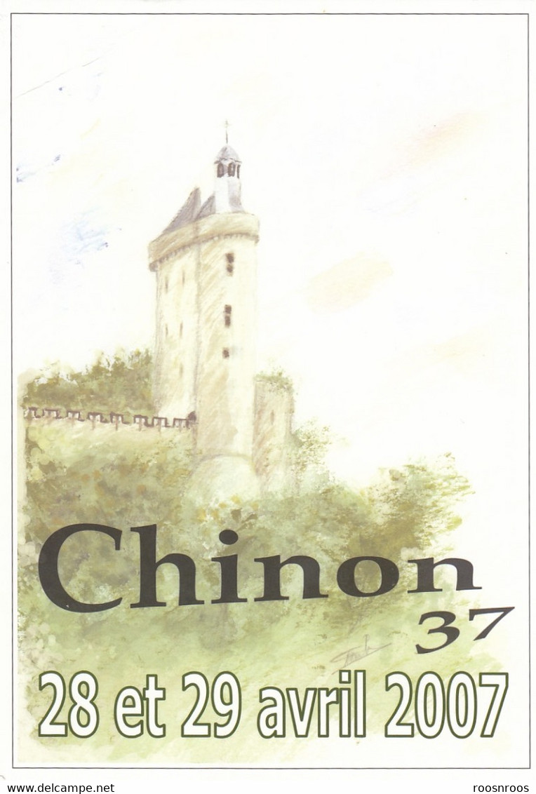 CP CHINON 37  - 45EME CONGRES PHILATELIQUE MAINE ANJOU TOURAINE 2007 - MENU - D'APRES AQUARELLE DE GENEVIEVE HUBERT - Bourses & Salons De Collections