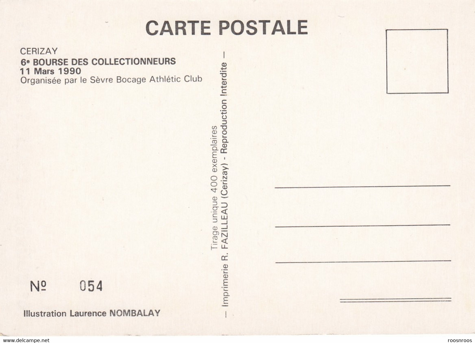 CP CERIZAY 79  - 6EME BOURSE DES COLLECTIONNEURS -1990 - ILLUSTRATEUR NOMBALAY - Bourses & Salons De Collections