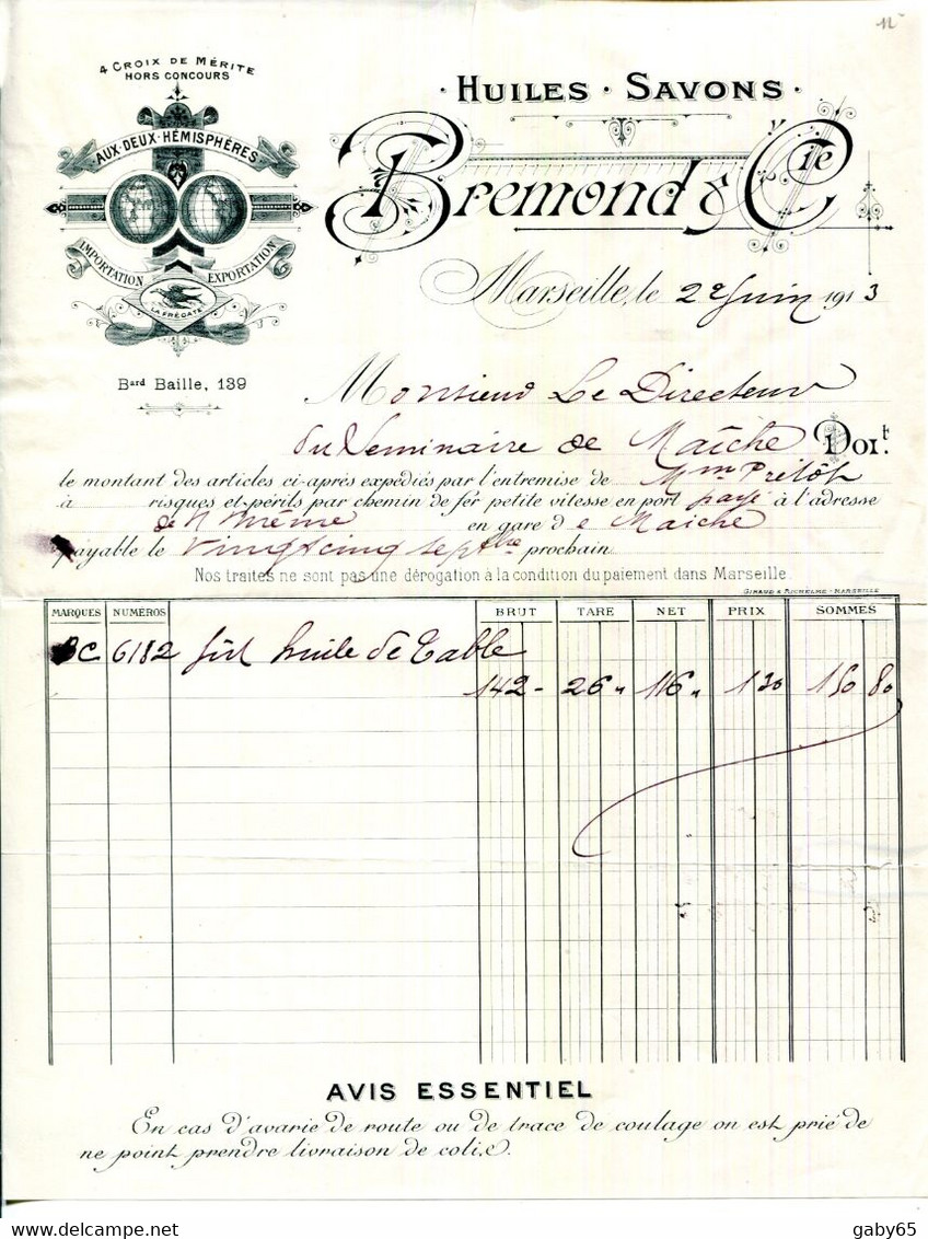 FACTURE.13.MARSEILLE.HUILES.SAVONS " AUX DEUX HEMISPHERES " BREMOND & Cie. 139 BOULEVARD BAILLE. - Chemist's (drugstore) & Perfumery