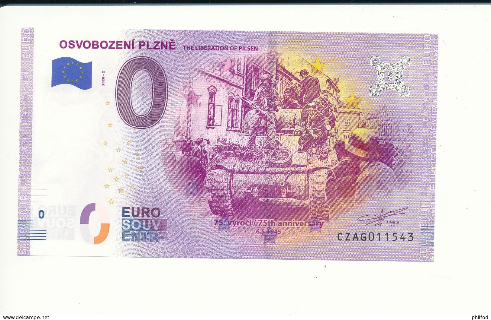 Billet Touristique 0 Euro - OSVOBOZENÍ PLZNĚ THE LIBERATION OF PILSEN - CZAG - 2020-2 - N° 11543 - Billet épuisé - Autres & Non Classés