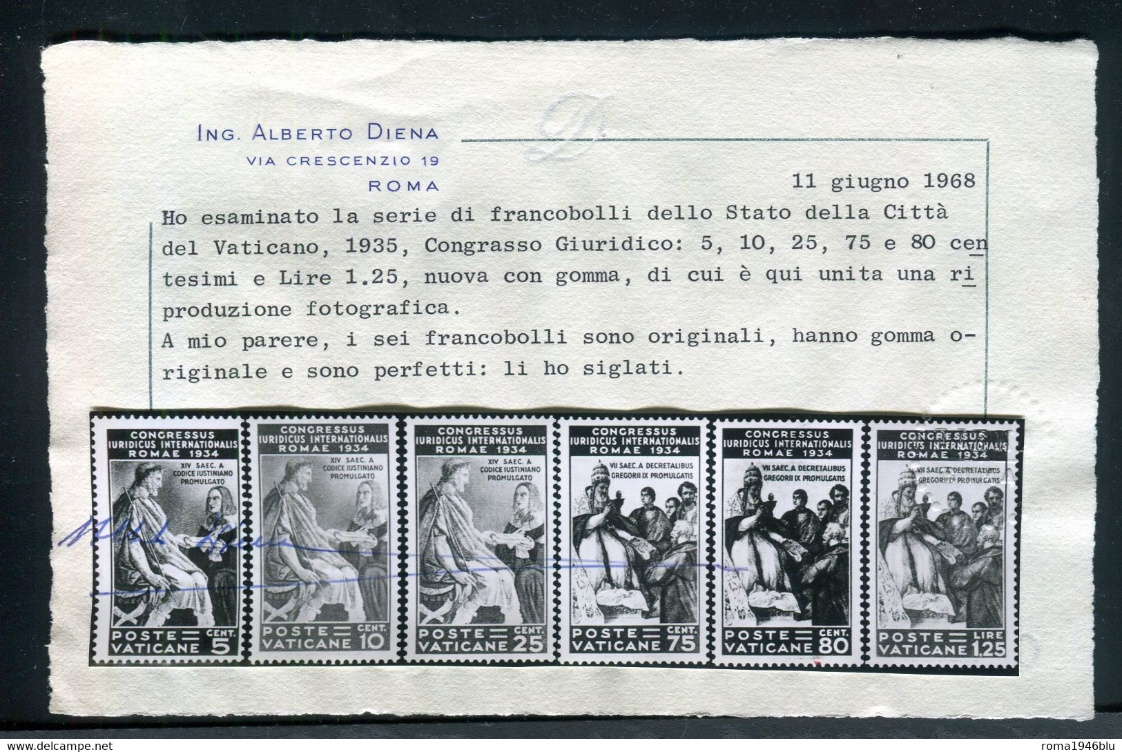 VATICANO 1935 CONGRESSO GIURIDICO SERIE CPL.* GOMMA ORIGINALE  CERTIFICATO STORICO ALBERTO DIENA - Nuevos