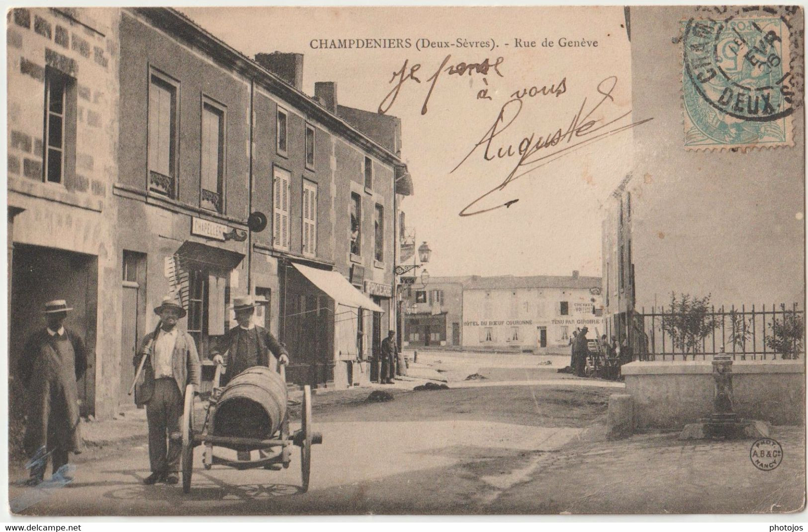 CPA Champdeniers (79) Conciliabule Paysan Rue De Genève Hôtel Du Bœuf Couronné Epicerie Chapellerie Cachet Ambulant - Champdeniers Saint Denis