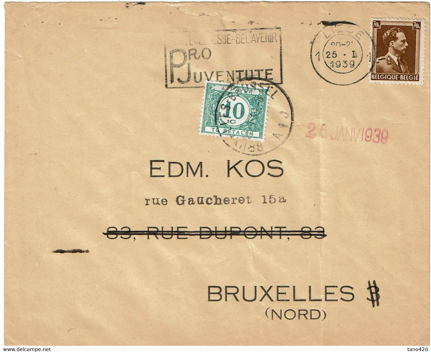 CTN82 - BELGIQUE LETTRE  EDM. KOS LIEGE / BRUXELLES 25/1/1939 TAXEE A L'ARRIVEE - 1934-1935 Leopold III.