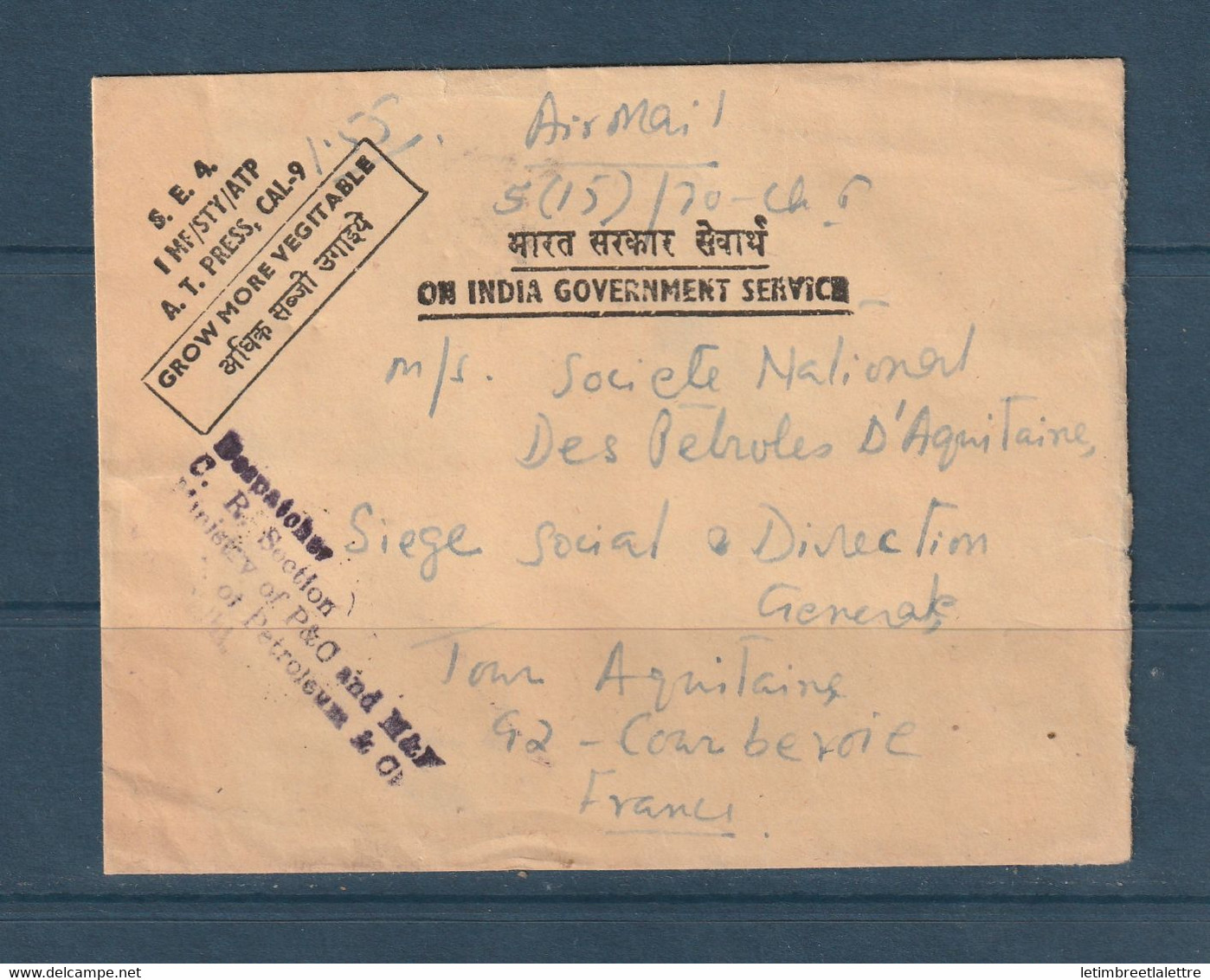 Inde - Poste Aérienne - Enveloppe Avec Griffe India Government Service Pour La France - Military Service Stamp