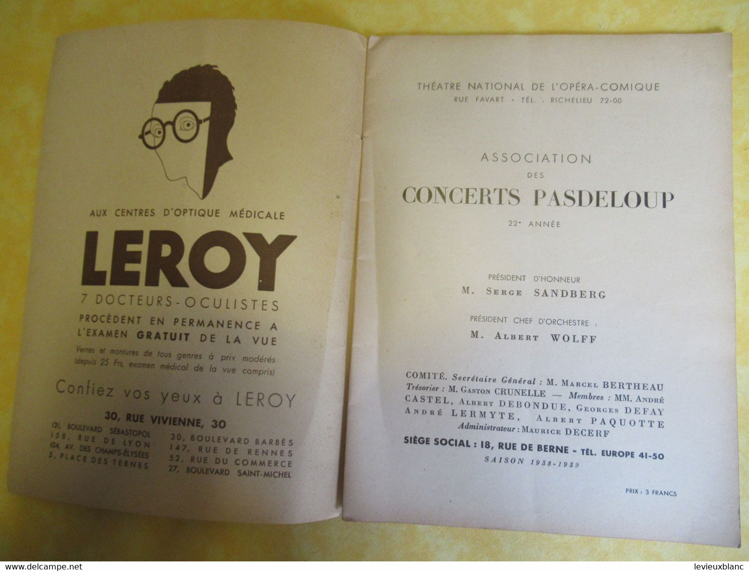 Programme Ancien/Théâtre National De L'Opéra Comique/Concerts PASDELOUP/Festival RAVEL/A. Helmann/1938    PROG325 - Programmi