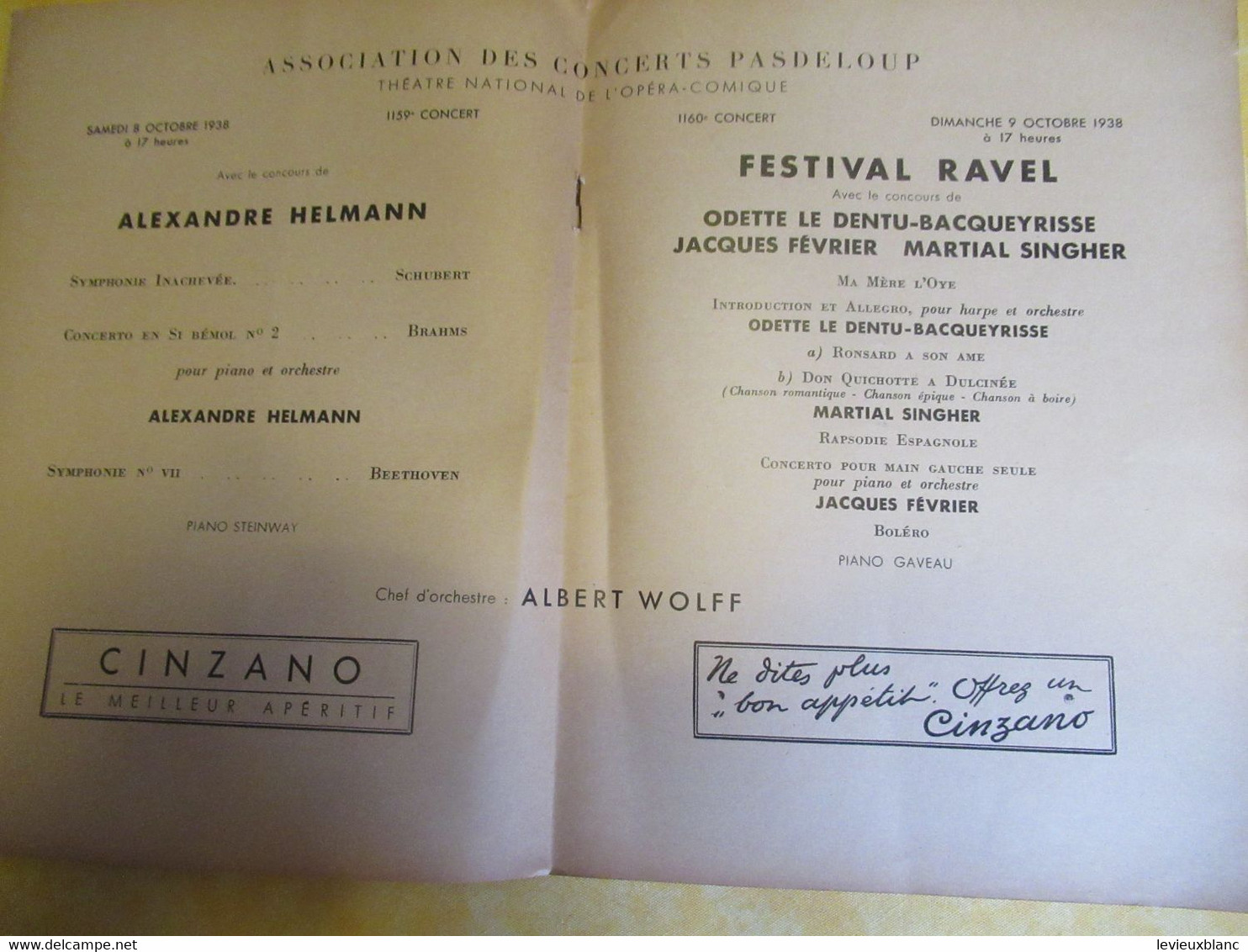 Programme ancien/Théâtre National de l'Opéra Comique/Concerts PASDELOUP/Festival RAVEL/A. Helmann/1938    PROG325
