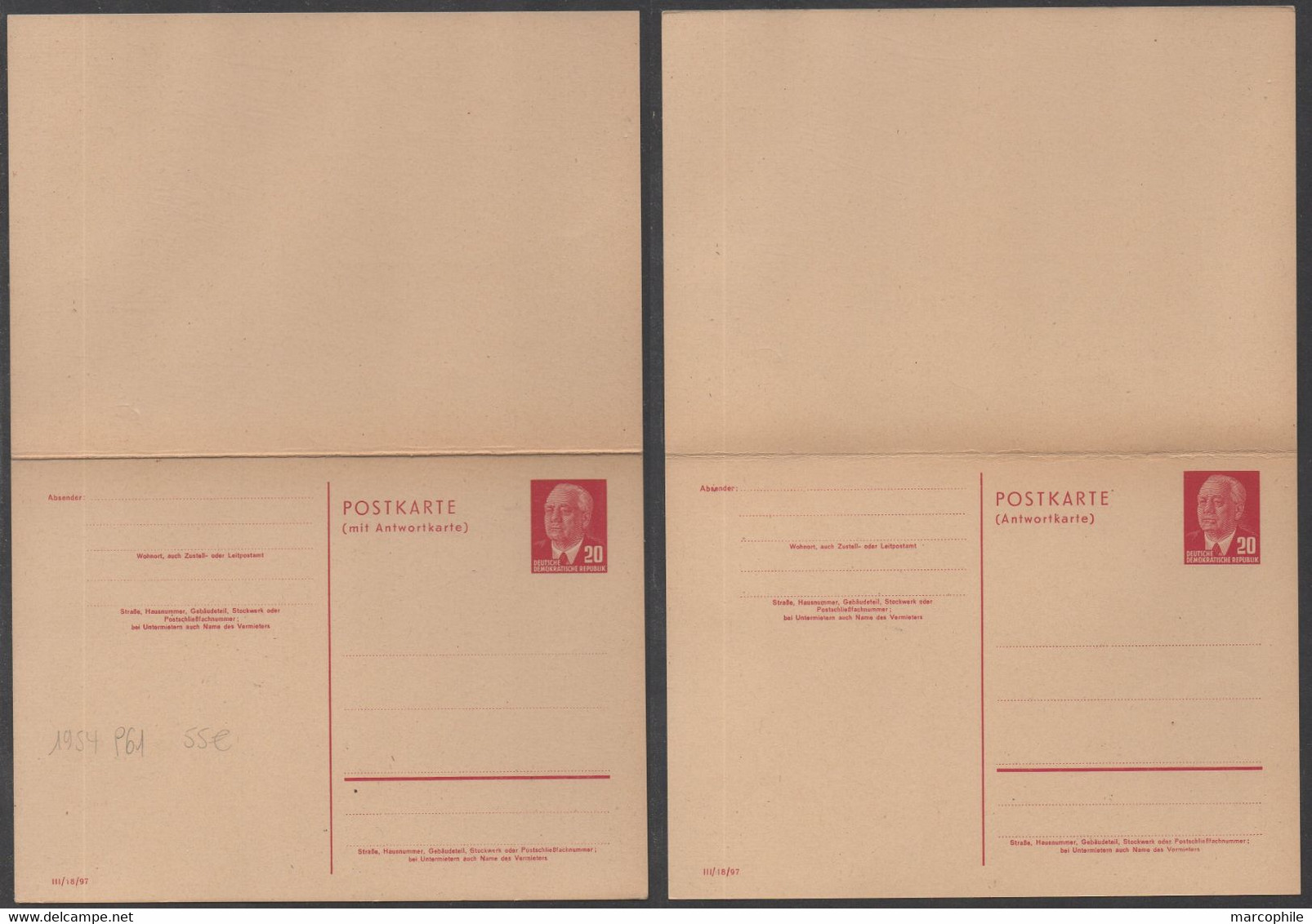 DDR / 1954 DOPPEL GSK 20/20 PF - MIT ANTWORT - Mi P61 / KW 55.00 EURO  (ref 8162a) - Postales - Nuevos