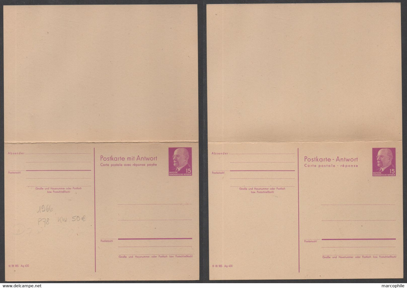DDR / 1966 DOPPEL GSK 15/15 PF - MIT ANTWORT - Mi P78 / KW 50.00 EURO  (ref 8162c) - Postcards - Mint
