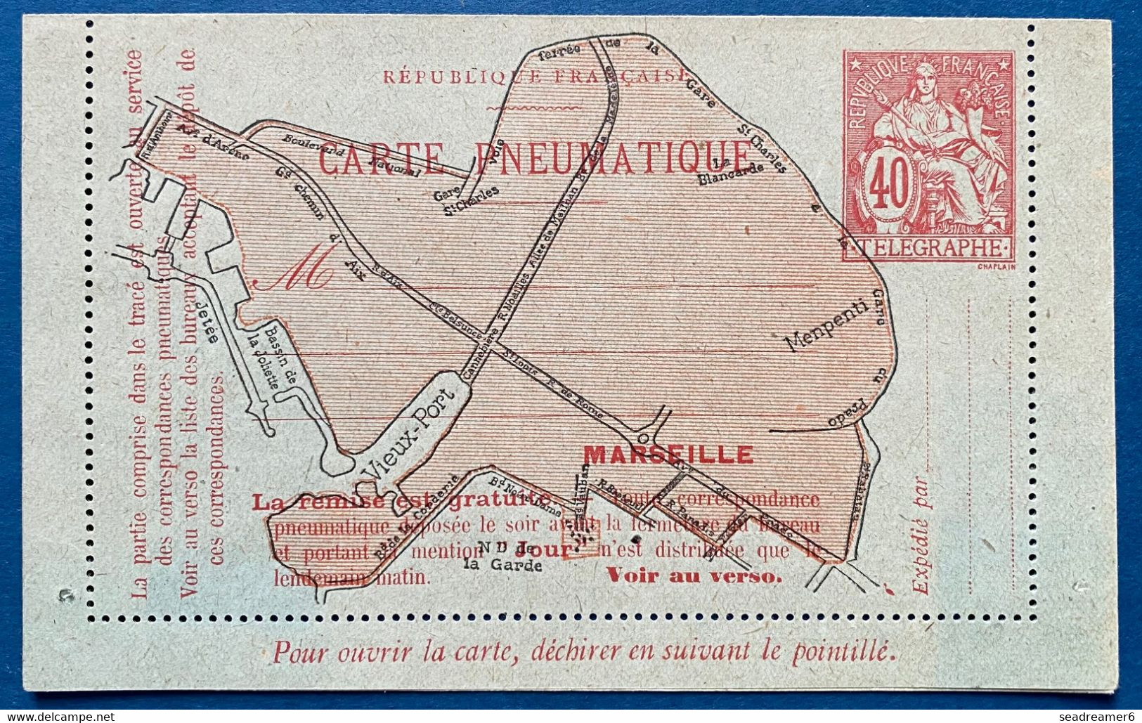 France Entier Carte Lettre Pneumatique Type CHAPLAIN CLPM 2750 De 1919 40c Rouge Plan De MARSEILLE Neuve Parfaite !! - Pneumatische Post