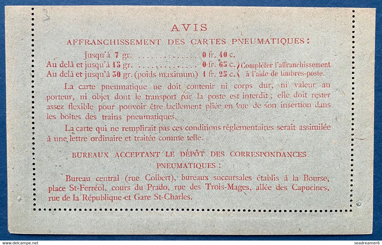 France Entier Carte Lettre Pneumatique Type CHAPLAIN CLPM 2750 De 1919 40c Rouge Plan De MARSEILLE Neuve Parfaite !! - Pneumatici