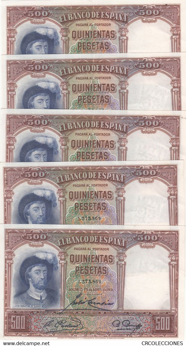 CRBS0674 5 BILLETES CORRELATIVOS ESPAÑA 500 PESETAS 1931 - 1000 Peseten