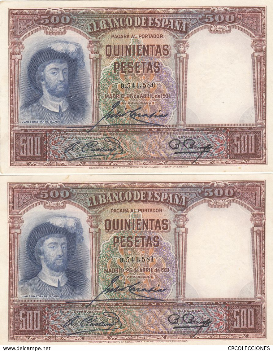 CRBS0676 2 BILLETES CORRELATIVOS ESPAÑA 500 PESETAS 1931 - 1000 Pesetas