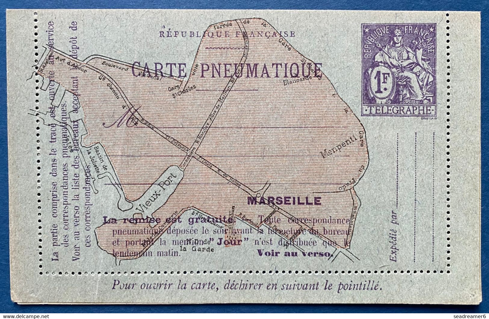 France Entier Carte Lettre Pneumatique Type CHAPLAIN CLPM 2752 De 1926 1FR VIOLET Plan De MARSEILLE Neuve Leger Pli - Pneumatische Post