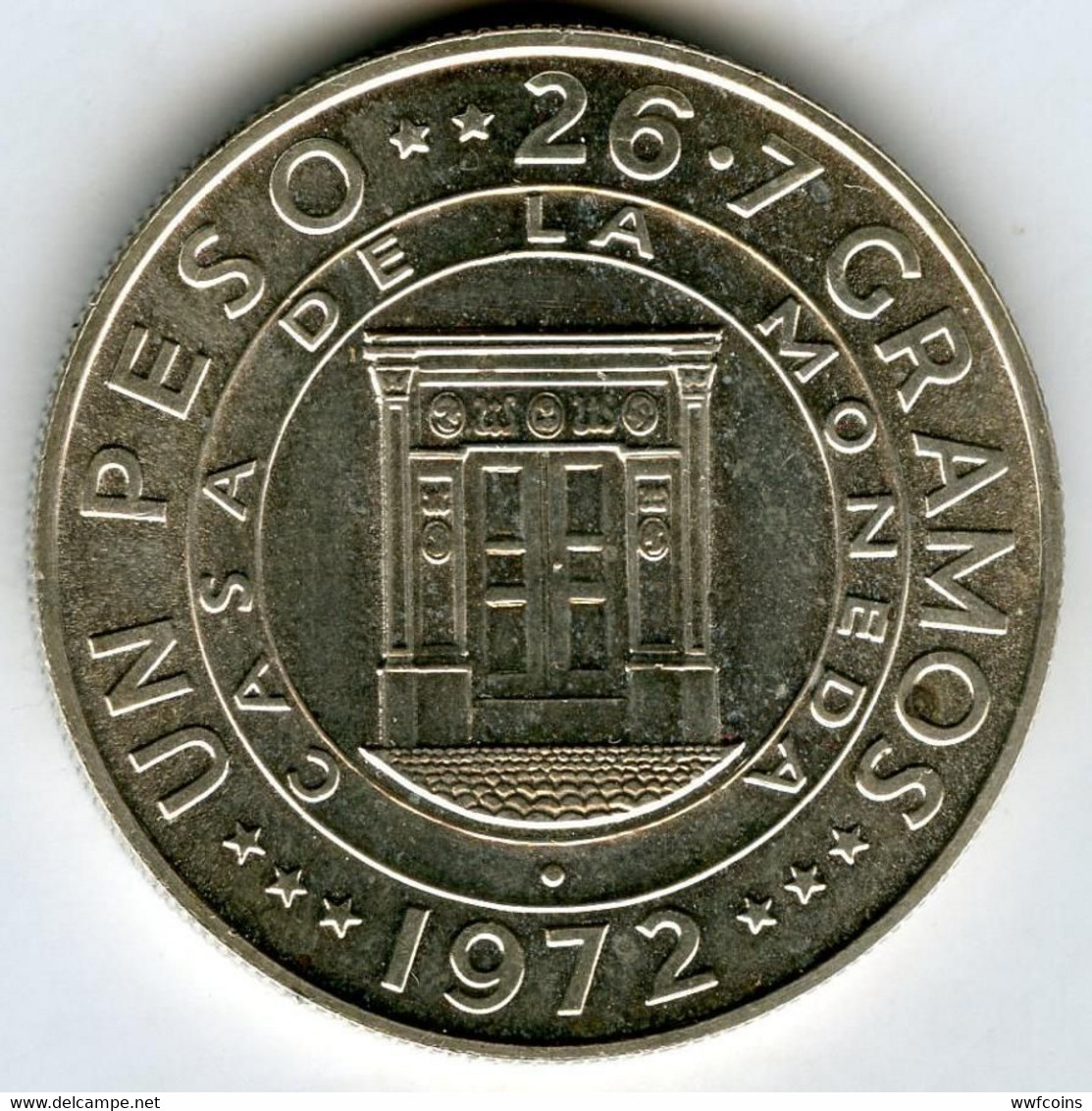 DOMINICANA 1 P 1972 BANK DOOR IN CIRCLE MEMORIAL LEGEND PESO 26,70 T.0,900 CONSERVAZIONE OTTIMA COME FOTO - Dominicaine