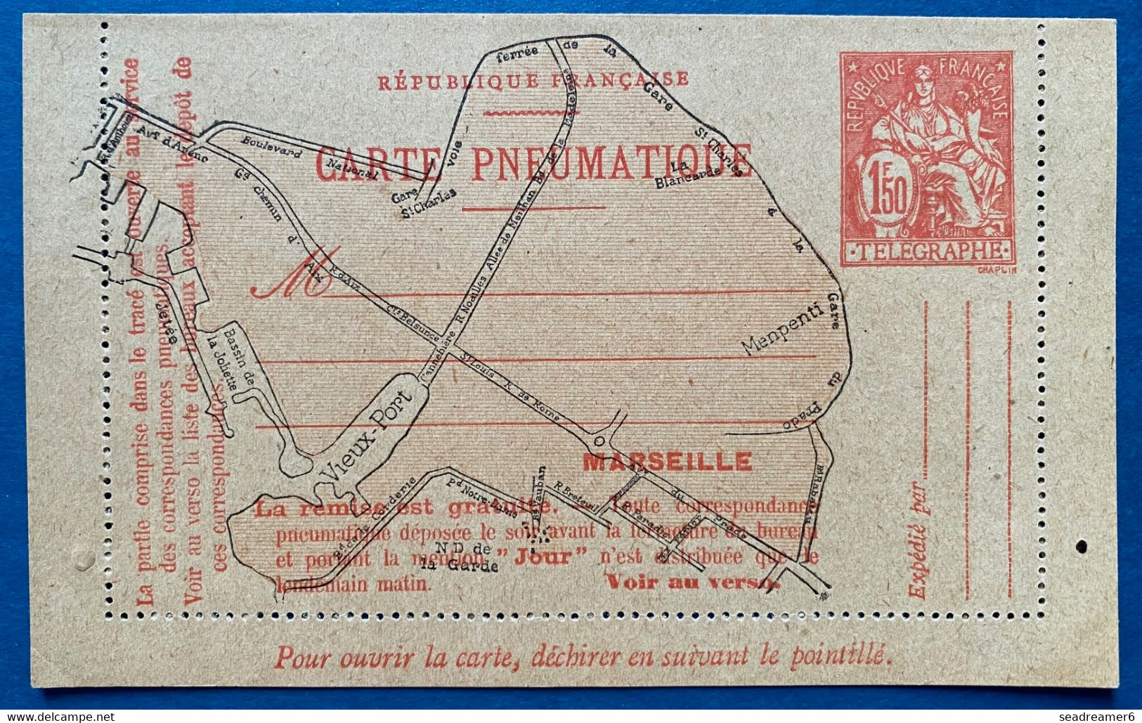 France Entier Carte Lettre Pneumatique CHAPLAIN O4 De 1934 1FR50 Rouge Sur Gris-jaunatre Plan De MARSEILLE Parfaite RRR - Pneumatic Post