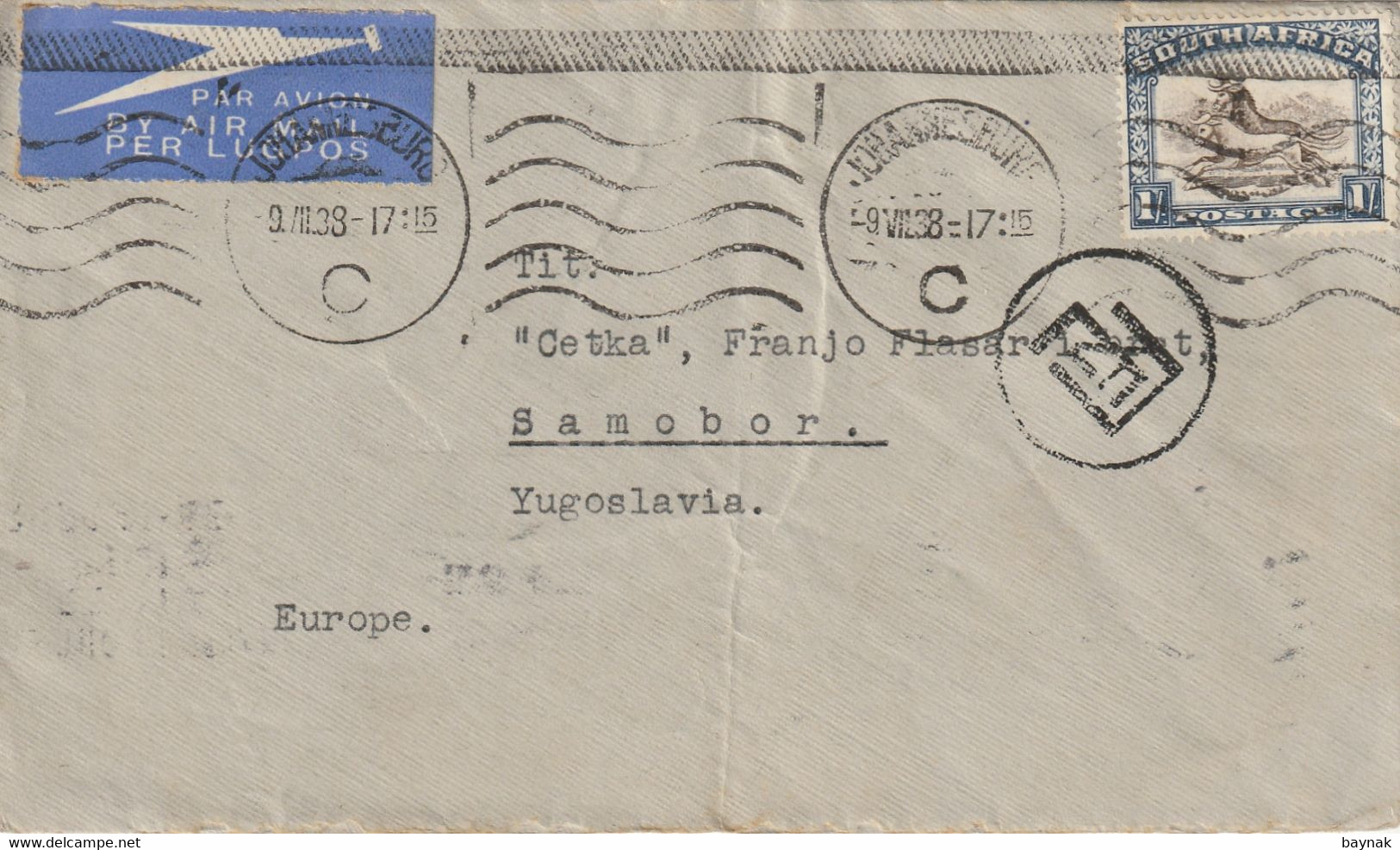 SOUTH   AFRICA  --  BRIEF  --   BY AIR MAIL  --   1938  --  JOHANNESBURG  TO ZAGREB, CROATIA - Luchtpost