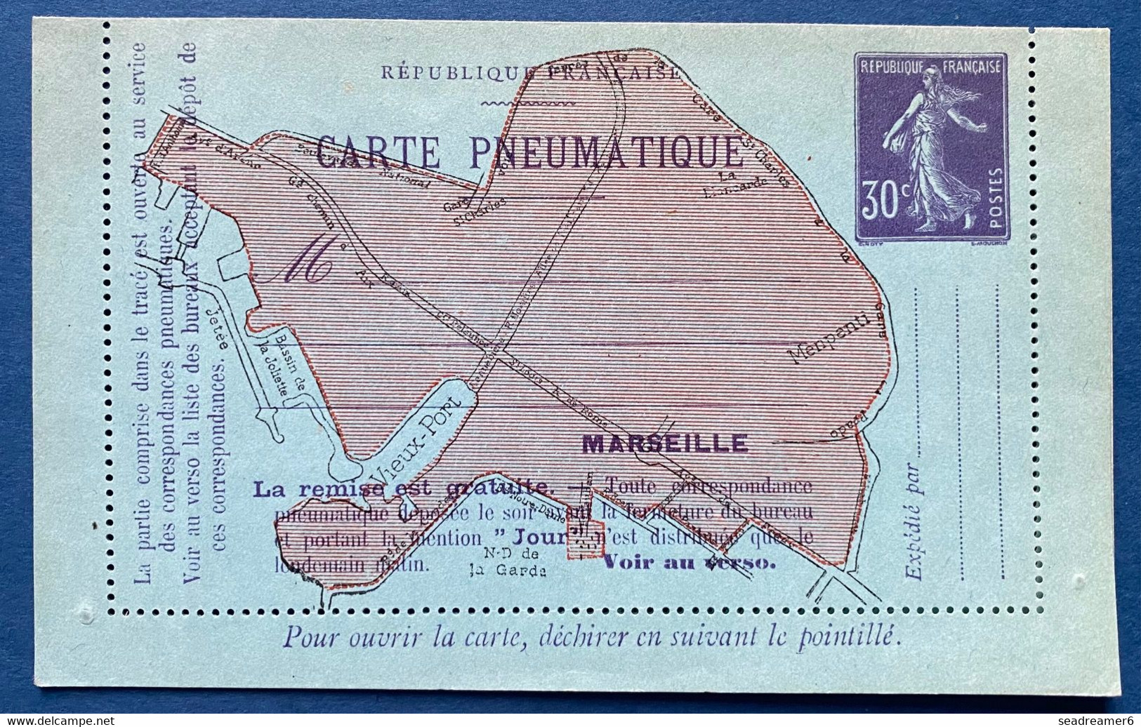 France Entier Carte Lettre Pneumatique CHAPLAIN K7 De 1910 CPLM 30c Violet Plan De MARSEILLE Neuve Parfaite ! - Pneumatici