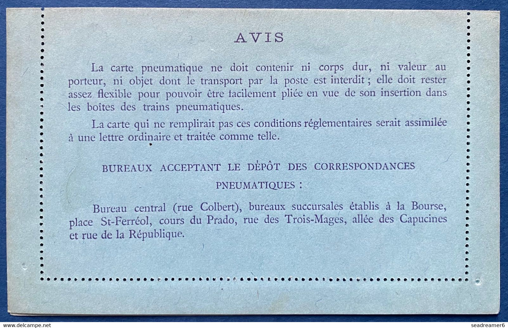 France Entier Carte Lettre Pneumatique CHAPLAIN K7 De 1910 CPLM 30c Violet Plan De MARSEILLE Neuve Parfaite ! - Pneumatic Post
