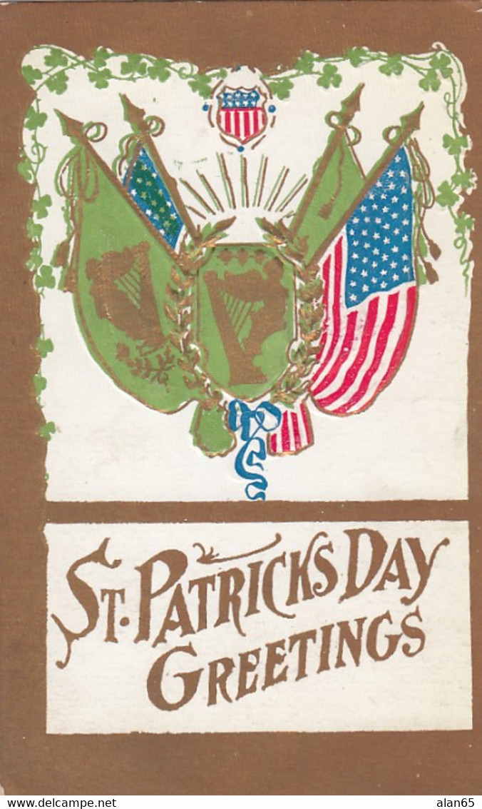 St. Patrick's Day Greetings, US And Irish Flags C1900s/10s Vintage Embossed Postcard - Saint-Patrick