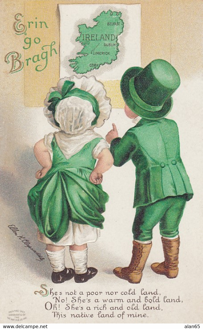 St. Patrick's Day, Ellen Clapsaddle Artist Signed Boy And Girl Map Of Ireland, C1900s/10s Vintage Embossed Postcard - Saint-Patrick