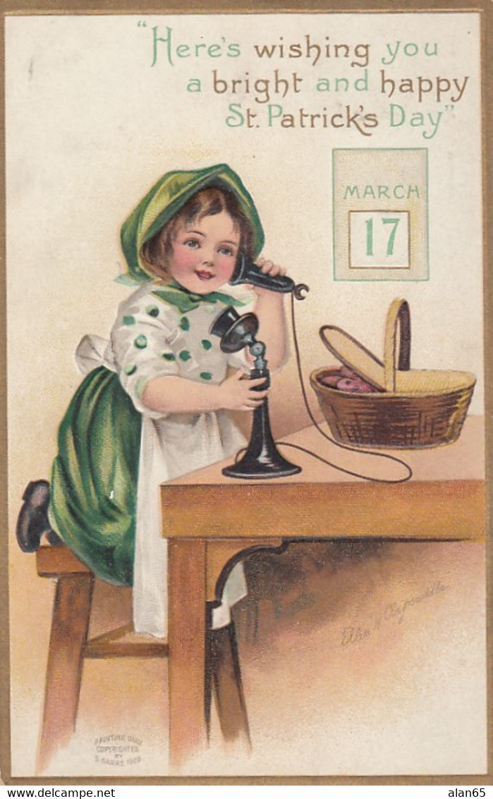 St. Patrick's Day, Ellen Clapsaddle Artist Signed Girl On Telephone, C1900s Vintage Embossed Postcard - Saint-Patrick