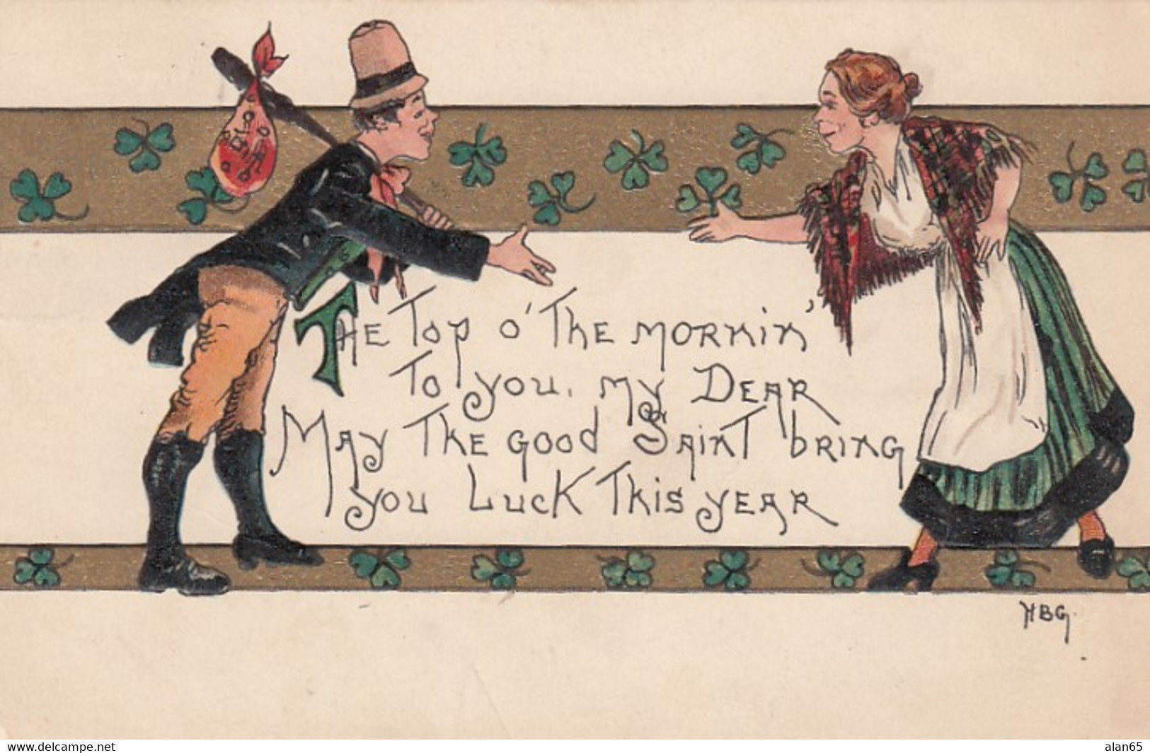 St. Patrick's Day, H.B. Griggs Artist Signed Man Greets Woman, C1900s/10s Vintage Embossed Postcard - Saint-Patrick's Day