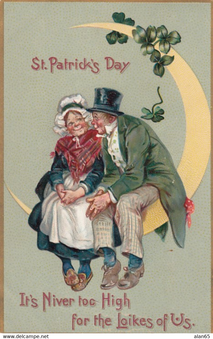 St. Patrick's Day, Couple Sits On Moon, Shamrocks, C1900s Vintage Embossed Tucks #106 Postcard - Saint-Patrick