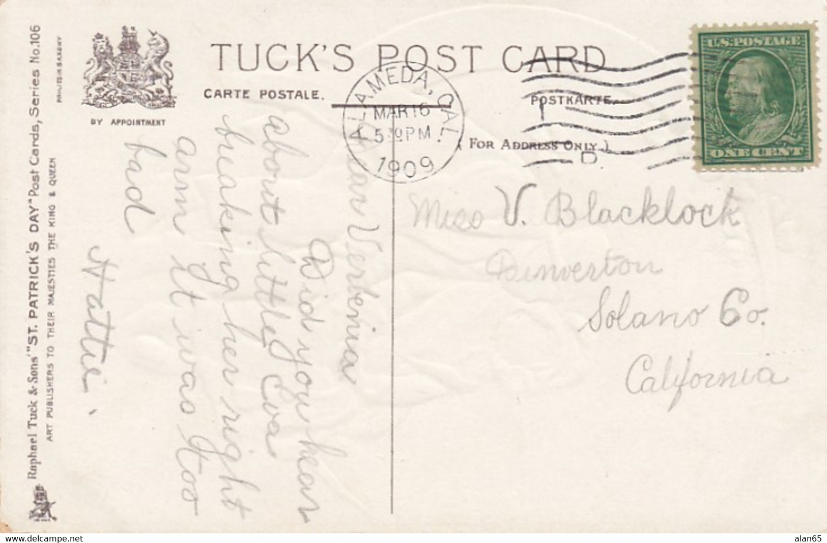 St. Patrick's Day, Couple Sits On Moon, Shamrocks, C1900s Vintage Embossed Tucks #106 Postcard - Saint-Patrick's Day