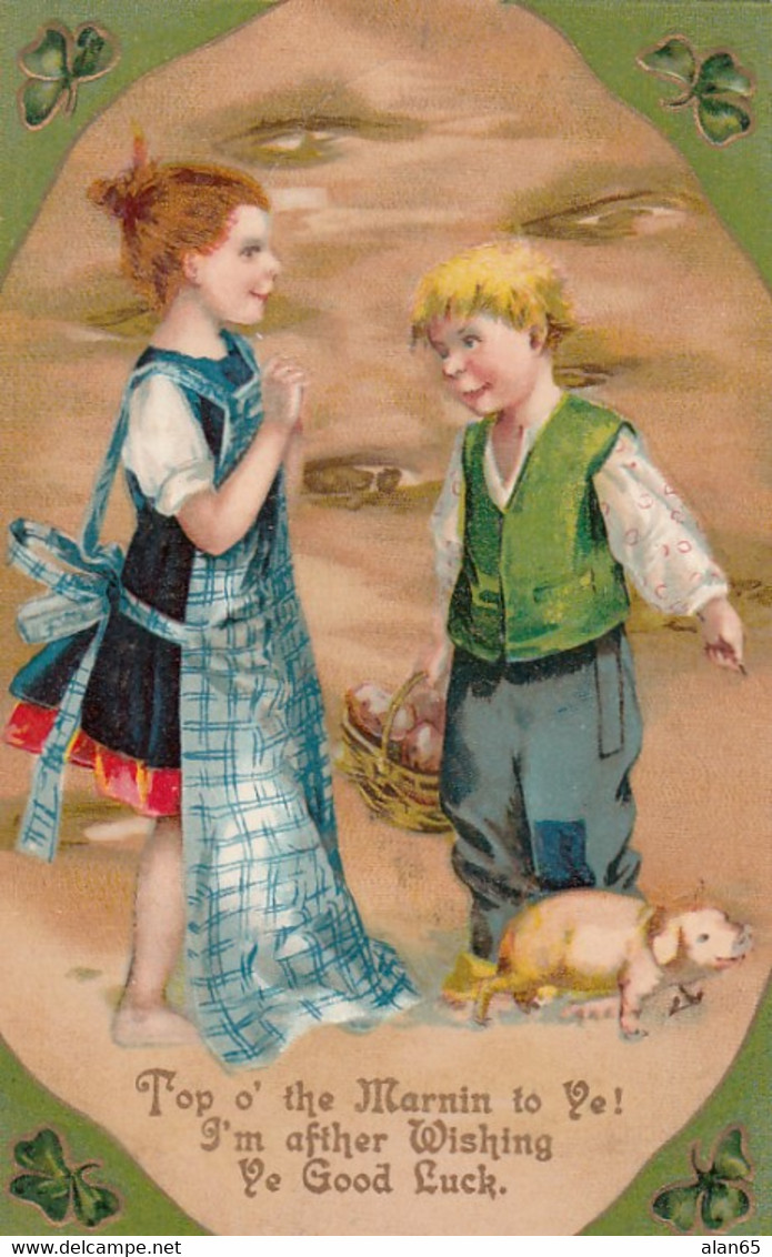 St. Patrick's Day, Girl And Boy With Pig, C1900s/10s Vintage Embossed Postcard - Saint-Patrick