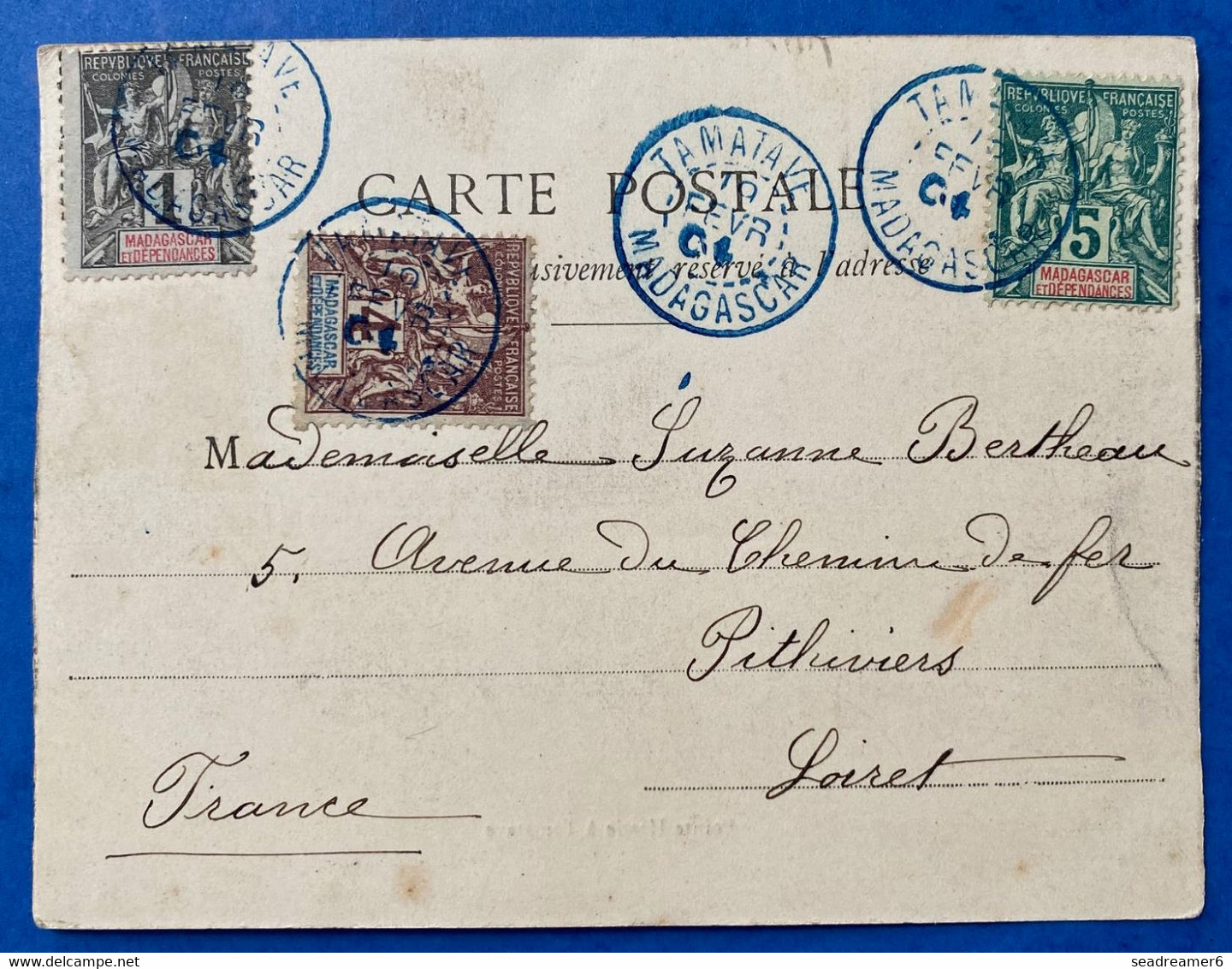 Carte Postale Pointe HASTIE à TAMATAVE Avec Type Groupe Tricolore N°28, 30 & 31 Obl Dateur Bleu TAMATAVE Pour PITHIVIERS - Cartas & Documentos