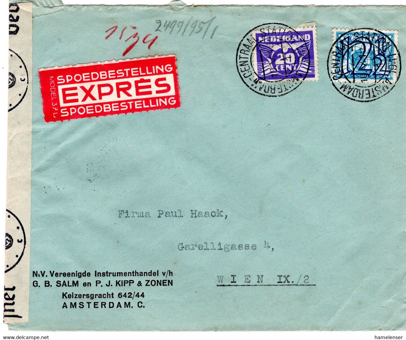64103 - Niederlande - 1941 - 12,5c Aufdruck MiF A EilBf M Dt Zensur AMSTERDAM -> WIEN - Lettres & Documents