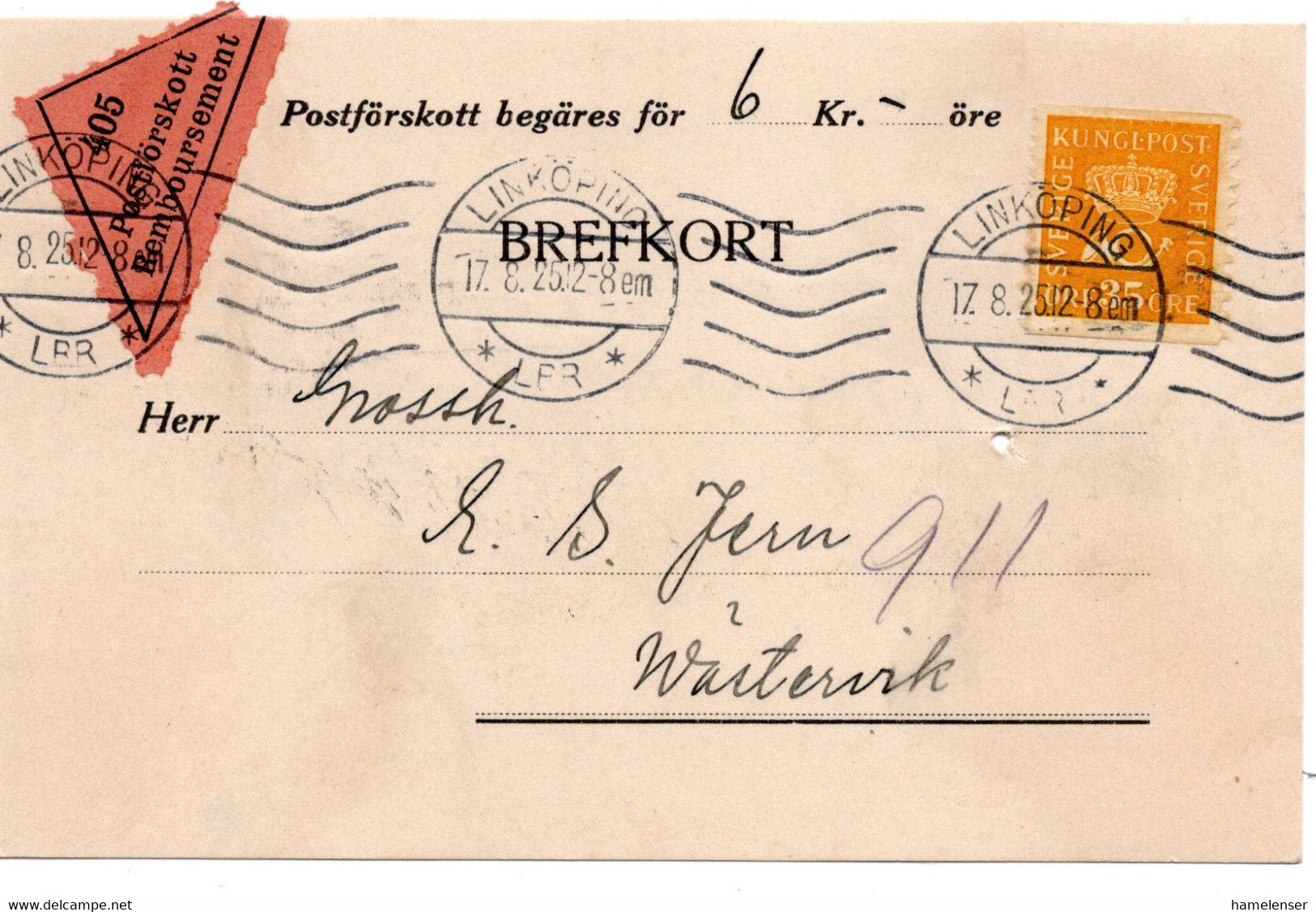 64109 - Schweden - 1925 - 35o. Krone EF A NN-Kte LINKOEPING -> Vaestervik - Briefe U. Dokumente