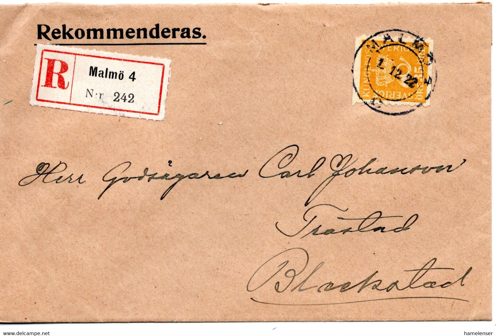 64110 - Schweden - 1922 - 35o. Krone EF A R-Bf MALMOE -> BLACKSTAD - Briefe U. Dokumente
