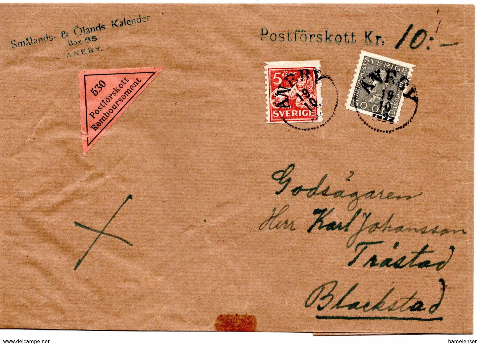 64117 - Schweden - 1922 - 50o. Gustav V MiF A NN-Bf ANEBY -> Blackstad - Storia Postale