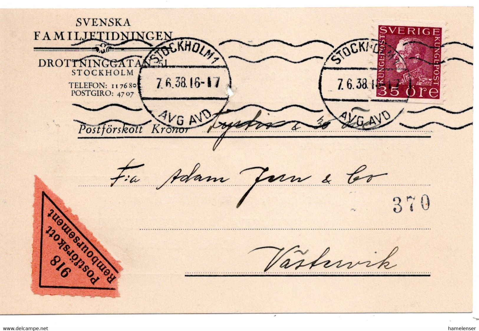 64118 - Schweden - 1938 - 35o. Gustav V EF A NN-Kte STOCKHOLM -> Vaestervik - Lettres & Documents