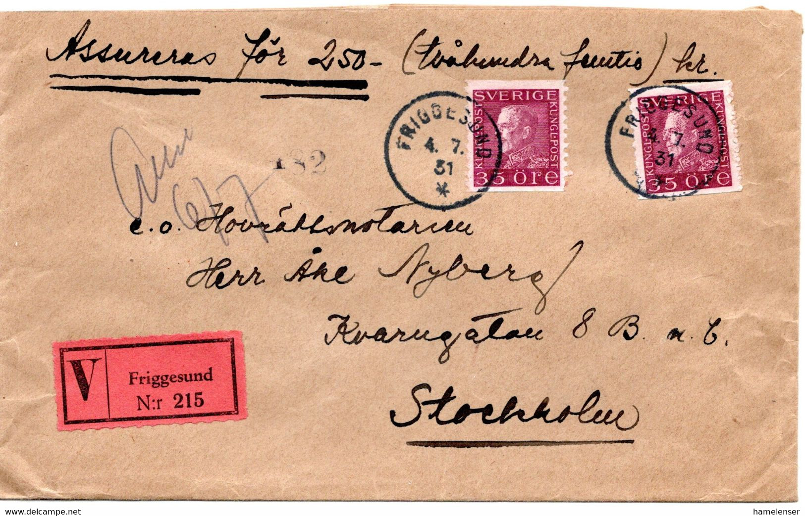 64119 - Schweden - 1931 - 2@35o. Gustav V A W-Bf (200Kr) FRIGGESUND -> Stockholm - Cartas & Documentos