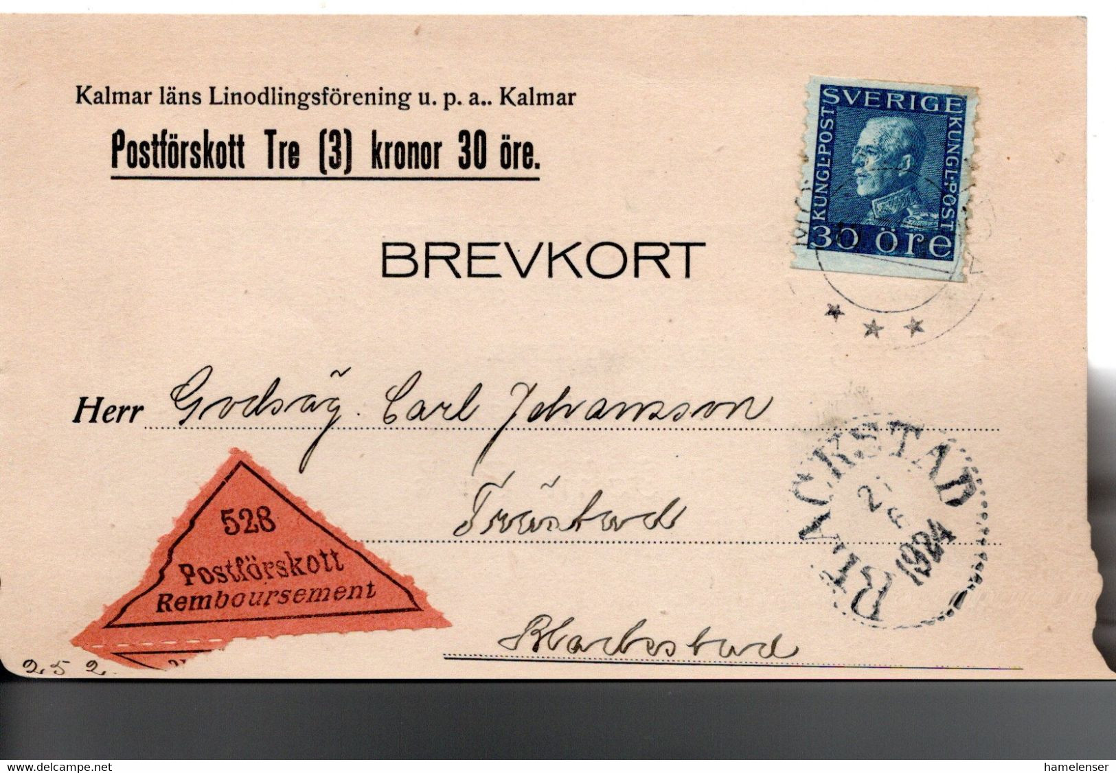 64120 - Schweden - 1924 - 30o. Gustav V EF A NN-OrtsKte BLACKSTADT - Lettres & Documents