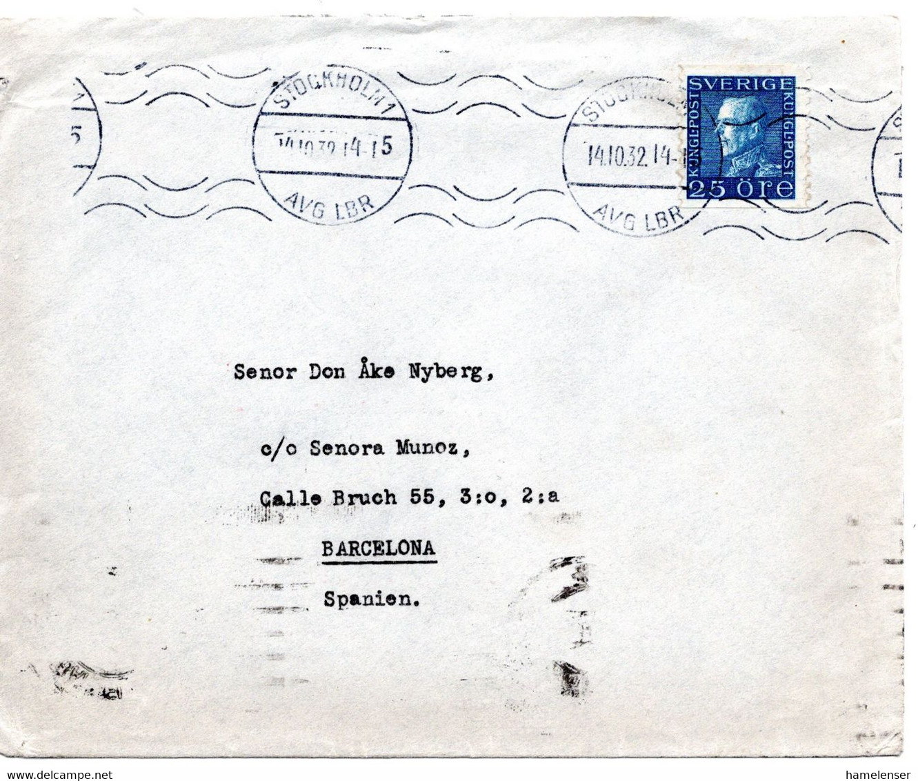 64121 - Schweden - 1932 - 25o. Gustav V EF A Bf STOCKHOLM -> BARCELONA (Spanien) - Briefe U. Dokumente