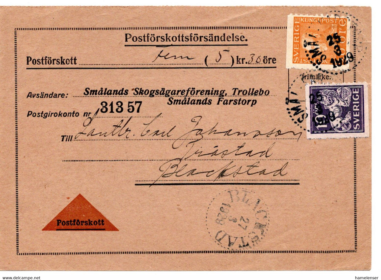 64122 - Schweden - 1928 - 20o. Gustav V MiF A NN-Kte SMALAND -> BLACKSTAD - Storia Postale