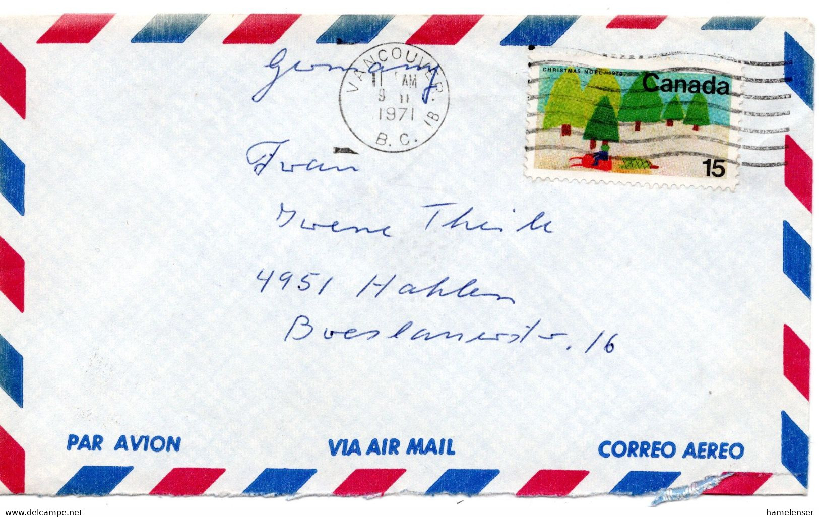 64128 - Canada - 1971 - 15￠Weihnachten EF A LpBf VANCOUVER B.C. -> Westdeutschland - Briefe U. Dokumente